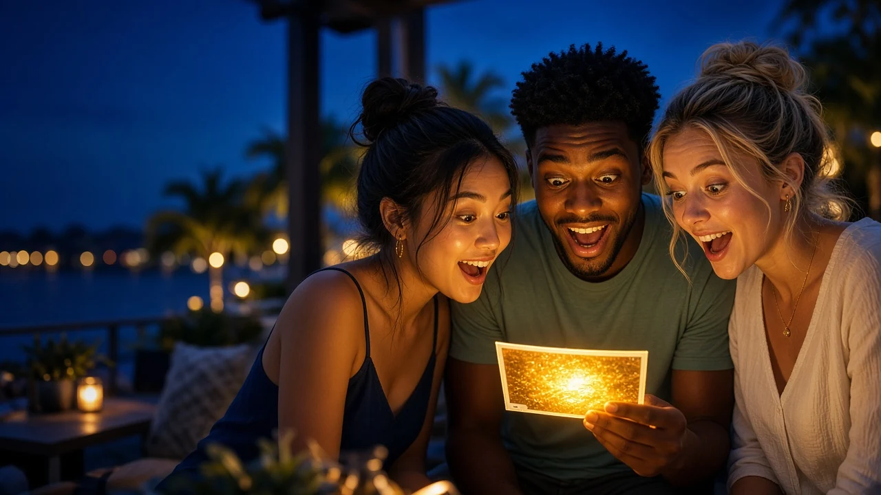 Friends celebrating a glowing scratch-off ticket